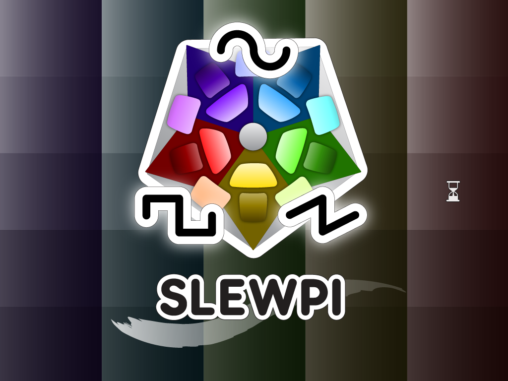 Slewpi loading screen with colorful geometric artwork, the app name, and an hourglass